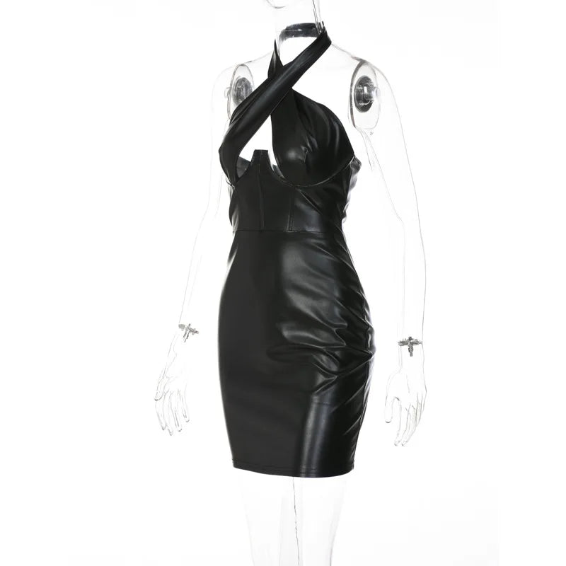 leather hollowed out back zipper slim waist dress