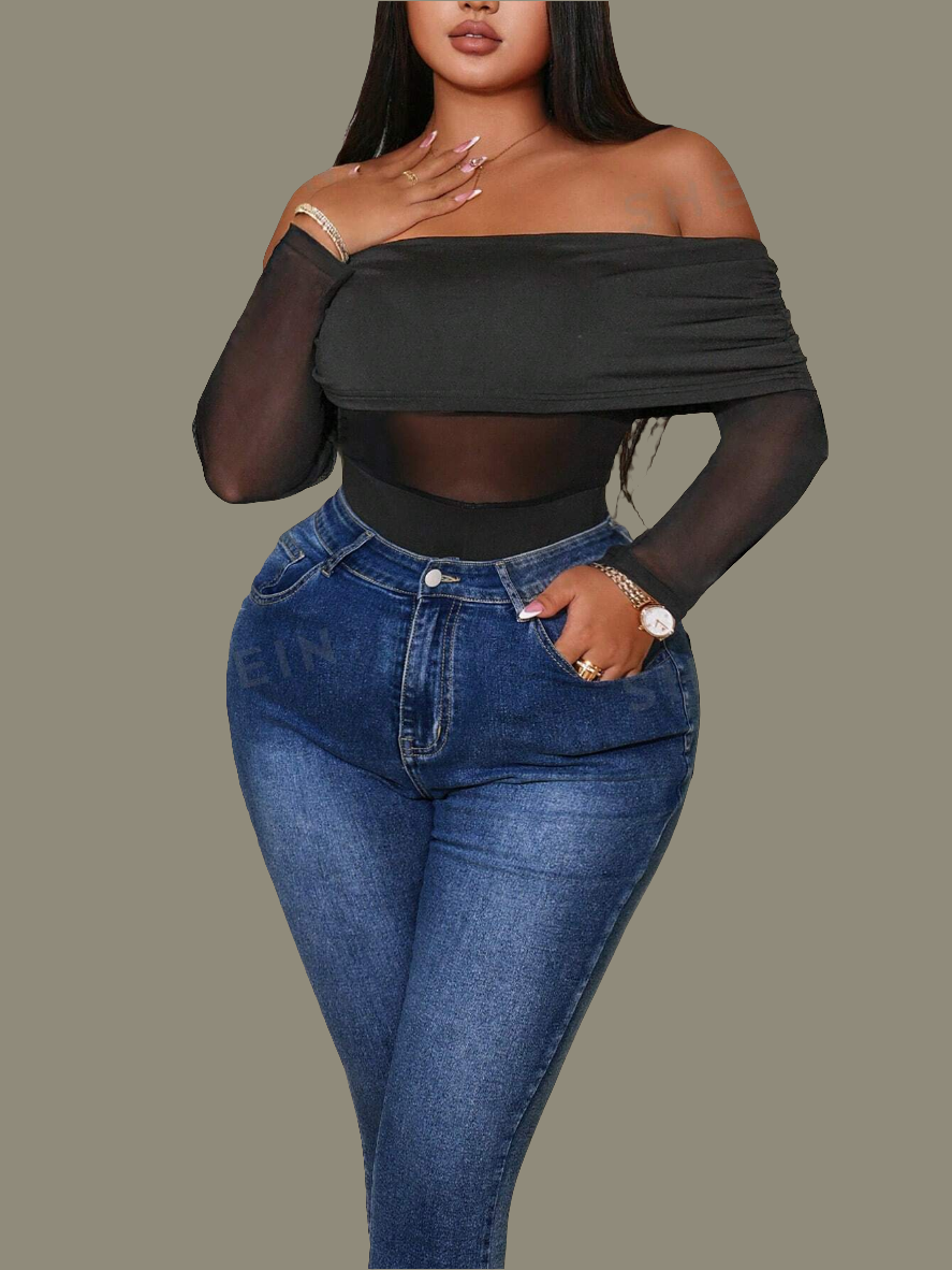 Plus Size Women's Off Shoulder Ruched Long Sleeve Bodysuit