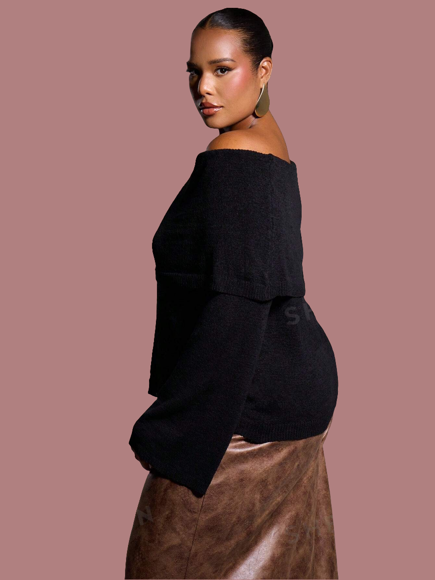 Plus Size Knitted Off The Shoulder Bardot Long Sleeve Jumper