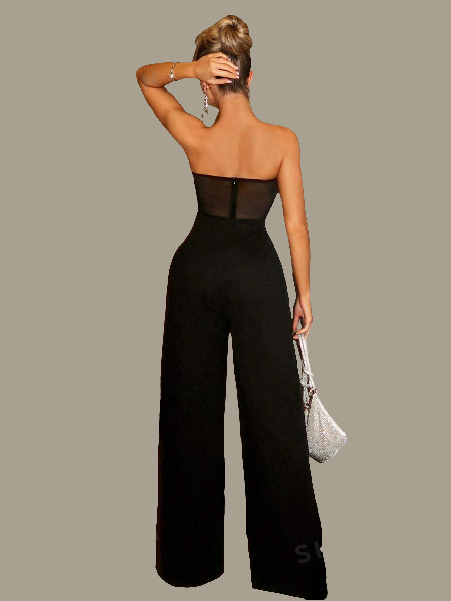 Ladies' Beaded Decor Strapless Jumpsuit, Simple Style, Daily Wear